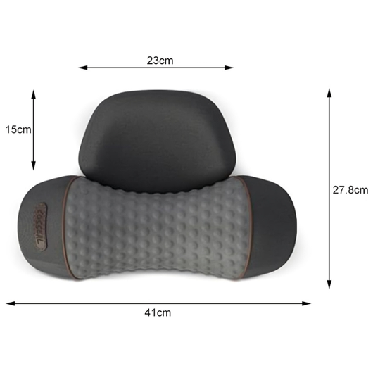 3-i-1 nakkemassagepude med mål – 41 cm bred, 27,8 cm dyb og 15 cm høj nakkedel, på hvid baggrund