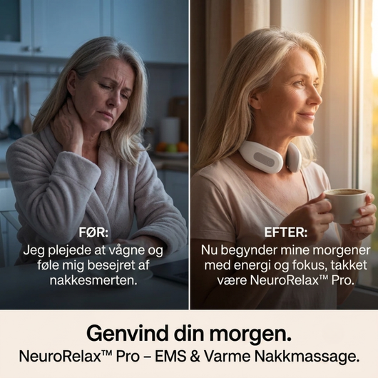 Før og efter — en kvinde i 50-årsalderen vågner med nakkesmerter, derefter slapper hun af ved vinduet med NeuroRelax™ Pro om halsen og en kop kaffe — lindrer morgenstivhed og spændinger i nakken derhjemme