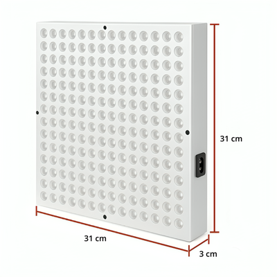 NordCura™ LightPanel 225 – LED-panel til rødlysbehandling med 225 dioder, 660 nm og 850 nm infrarød lysbehandling. Aluminiumpanel på 31×31 cm med strømkabel, ophængssæt og øjenbeskyttelse. Professionel rødlysbehandling derhjemme.