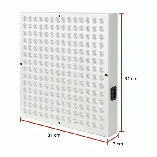 NordCura™ LightPanel 225 – LED-panel til rødlysbehandling med 225 dioder, 660 nm og 850 nm infrarød lysbehandling. Aluminiumpanel på 31×31 cm med strømkabel, ophængssæt og øjenbeskyttelse. Professionel rødlysbehandling derhjemme.