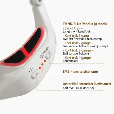 InfraRelief™ øjenmassager – knapper og funktioner – TIL/FRA/tilstand, EMS-intensitetsindikator og intensitetsjustering: lav, middel, høj