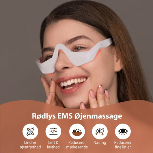 Kvinde med InfraRelief™ rødlys-EMS-øjenmassager – fem fordele: lindrer træthed i øjnene, løfter og strammer huden op, mindsker mørke rande, nærer huden, mindsker fine linjer
