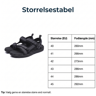 Størrelsestabel for støddæmpende sandaler i størrelse 40–45 EU med tilsvarende fodlængde i mm, med en sandal i grå farve til venstre