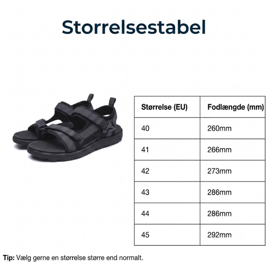 Størrelsestabel for støddæmpende sandaler i størrelse 40–45 EU med tilsvarende fodlængde i mm, med en sandal i grå farve til venstre