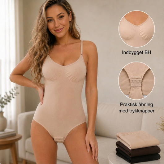 Kvinde iført en figurformende body i beige, nærbillede af den indbyggede bh og åbningen