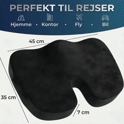 Sort siddepude med målene 45 x 35 x 7 cm og ikoner for hjemmet, kontoret, flyet og bilen med teksten »Perfekt til rejser«
