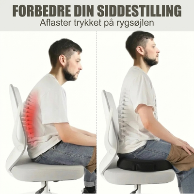 Sammenligningsbillede, der viser en mand med og uden ergonomisk siddepude – uden pude ses en rød markering af belastning af ryggen, med pude sidder han oprejst med forbedret kropsholdning
