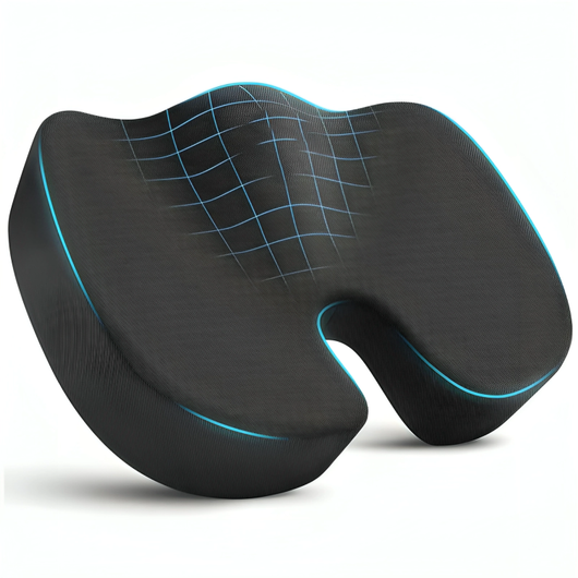Sort ergonomisk siddepude med U-formet udskæring til halebenet og blåt netmønster, der illustrerer trykfordelingen i hukommelsesskummet