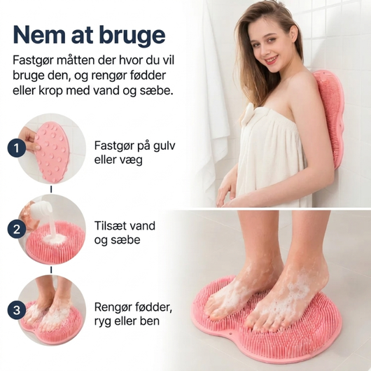 Nem at bruge: Fastgør skrubbemåtten på gulvet eller væggen, tilsæt vand og sæbe, og rengør fødder, ryg eller ben. Tre-trins vejledning med billeder.