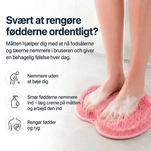 Er det svært at vaske fødderne ordentligt? En lyserød skrubbemåtte i bruseren hjælper dig med at nå fodsålerne og tæerne uden at skulle bøje dig ned. Kan også bruges til at smøre fødderne ind og vaske ryggen.