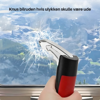 Bilhåndtag med overskriften "Knus bilruden hvis uheldet skulle være ude" – viser glasknuserfunktionen mod en revnet bilrude