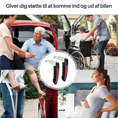 Kollage med overskriften "Giver dig støtte til at komme ind og ud af bilen" – viser ældre personer, kørestol, krykker og gravid kvinde der får hjælp ved bilen