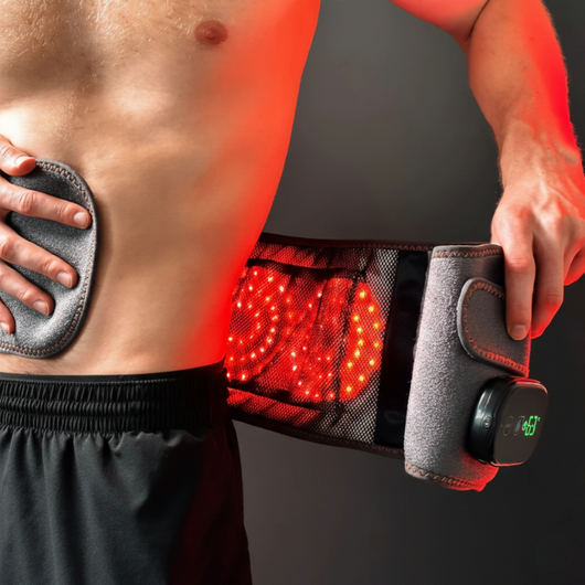 NordCura™ ThermaBelt varmebælte i gråt neopren med rødt lys, vibration og digitalt display – trådløst varmebælte til rygsmerter og lændeproblemer